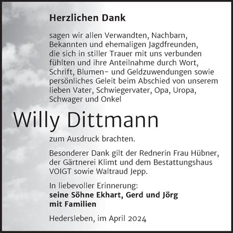 Traueranzeigen Von Willy Dittmann Abschied Nehmen De