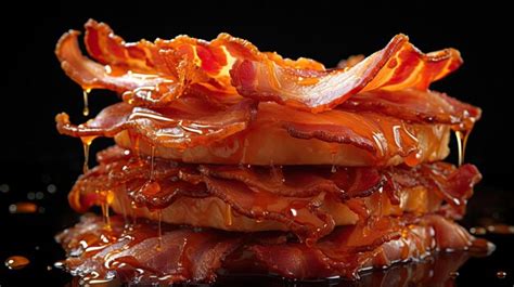 Bacon crocante óleo derretido em fundo preto e embaçado Foto Premium