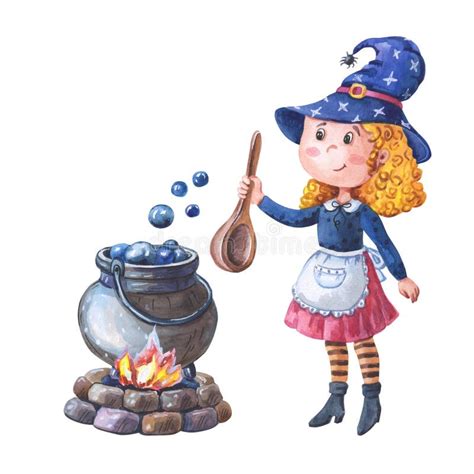 Watercolor Witch Cooking In Cauldron Halloween Girl With A Big Magic