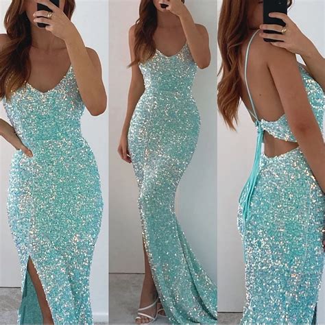 Spaghetti Straps V Neck Long Mermaid Prom Dress Split With Sequins Pd0896