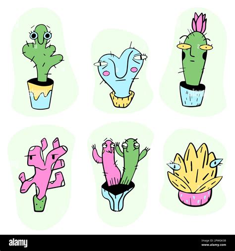 Set Of Cute Cactus In Flowerpot Collection Of Desert Plants Isolated