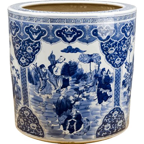 Blue And White Oriental Porcelain Warrior Planter 22” X 18”