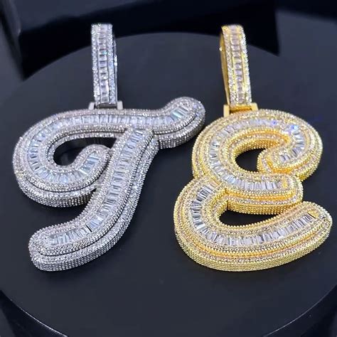 Giant Iced A Z Baguette Cursive Font Initial Letter Pendant Helloice