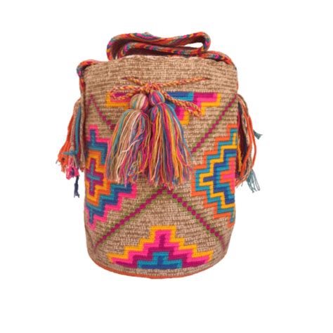 Mochila Wayuu Grande Diseño Etnico Gasa Paleteada Colores Beige