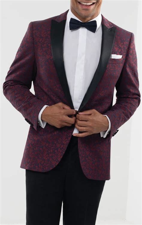 Dobell Burgundy Floral Jacquard Tuxedo Jacket With Contrast Peak Lapel