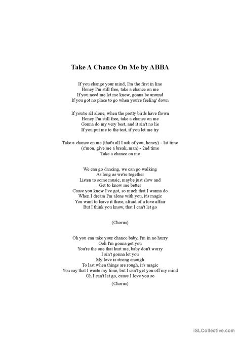 Take A Chance On Me By Abba Song And English Esl Worksheets Pdf Doc