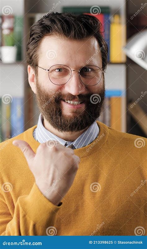 Yes Emotion Gesture Excited Joyful Bearded Man With Glasses Looking At