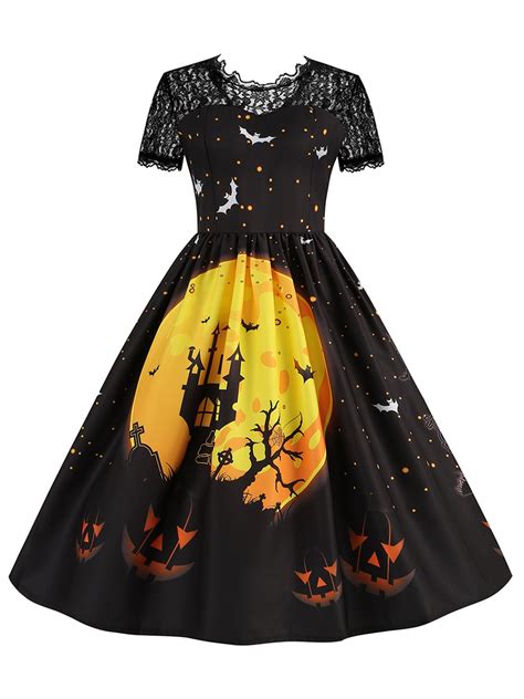 Justvh Women Rockabilly Vintage Swing Frock Lace Trim Halloween Skater