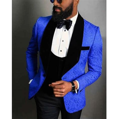 Jackquard Floral Pattern Royal Blue Black Men Suit Custom Made Groom