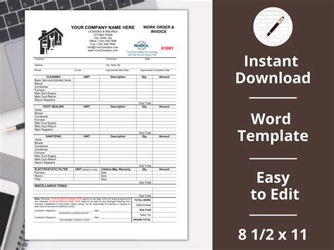 Air Duct Cleaning Invoice Template Receipt Proposal Estimate Vent Etsy