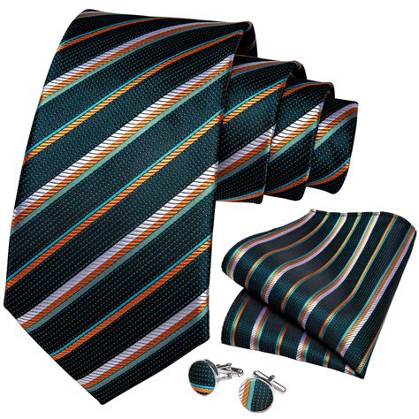 Green Orange Striped Mens Tie Handkerchief Cufflinks Set Dibangustore