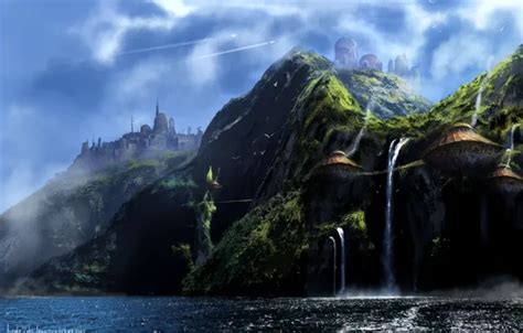 Wallpaper mountains, shore, waterfall, structure, Lost Island, skull ...