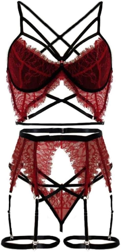 JUGUU Damen Dessous Sexy Dessous Transparenter BH Mit Strumpfband Red