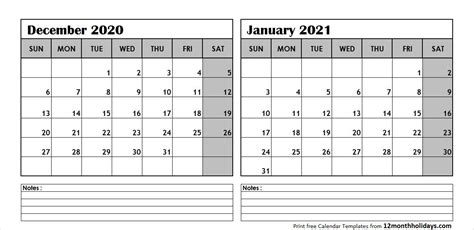 December 2020 January 2021 Calendar With Notes Calendar Free