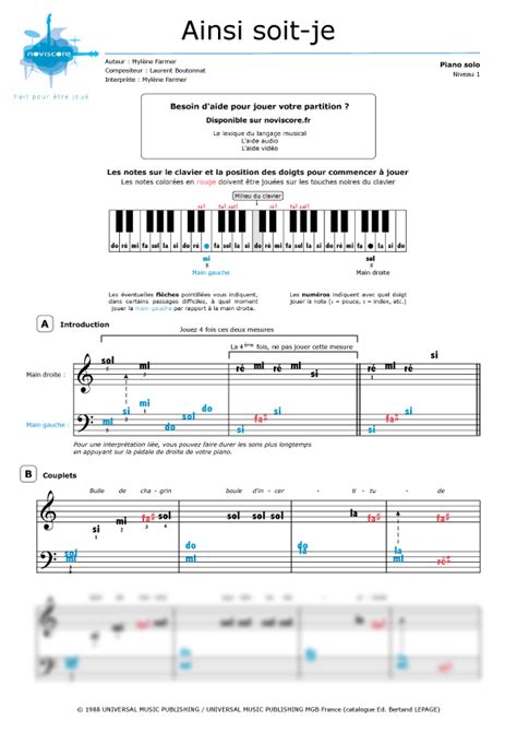 Partition piano Ainsi soit je Mylène Farmer Partitions Noviscore