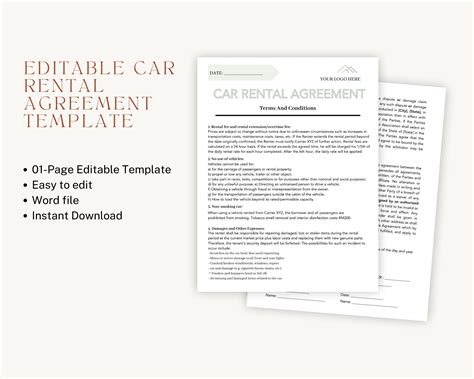 Editable Car Rental Agreement Template Car Rental Contract Car Rental Form Car Lease