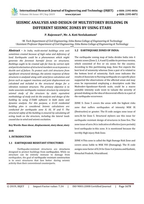 Irjet Seismic Analysis And Design Of Multistorey Building In Different Seismic Zones By Using