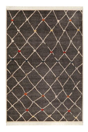 Tapis tissé ethnique chic à franges multicolore fond marron 133x200