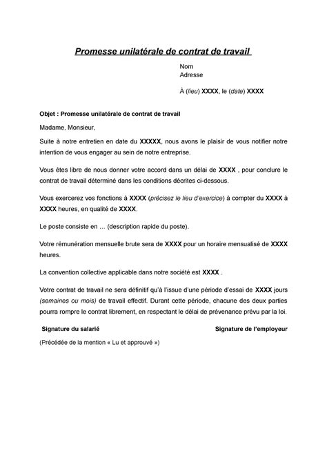 Modèle Promesse d Embauche Promesse unilatérale de contrat de travail