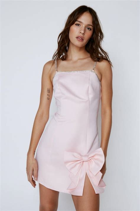 Diamante Trim Satin Bow Mini Dress Boohoo Uk