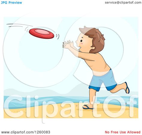 Clipart Of A Caucasian Boy Playing Frisbee On A Beach Royalty Free