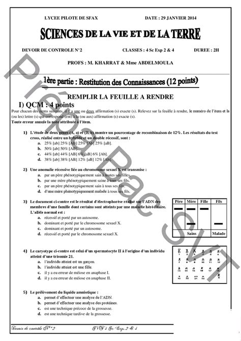 Bac Sc Expérimentales Sciences Svt Devoir De Contrôle N°2 Svt