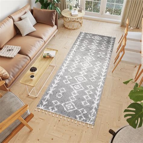 Tapiso Boho Loper Grijs Beige Modern Hoogpolig Kwastjes Woonkamer