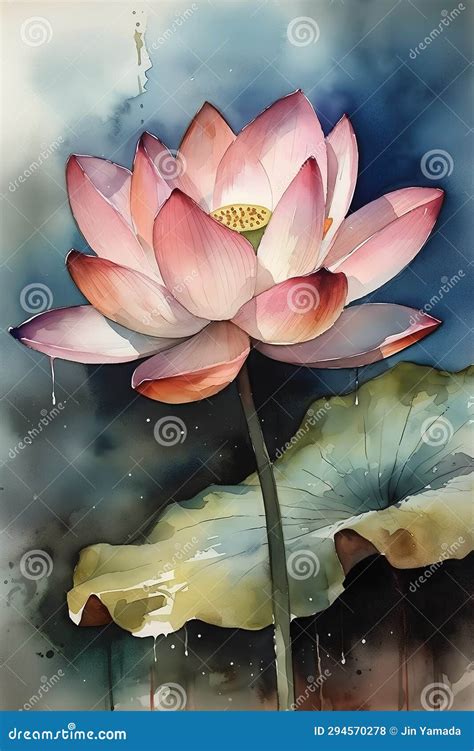 Watercolor Painting Of Pink Lotus Flower On Watercolor Background