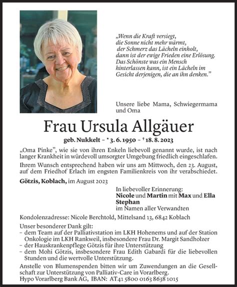 Todesanzeigen von Ursula Allgäuer Todesanzeigen Vorarlberger Nachrichten