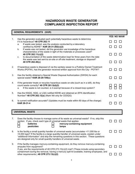 Hazardous Waste Generator Compliance Inspection Checklist Pdf