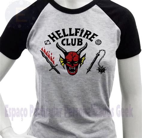 Camiseta Stranger Things Hellfire Raglan Cinza Geek Série