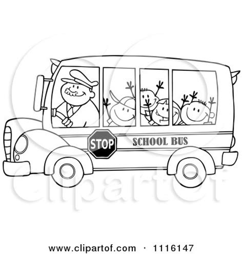 Outlined Happy School Bus Driver And Children Posters, Art Prints by - Interior Wall Decor #1116147