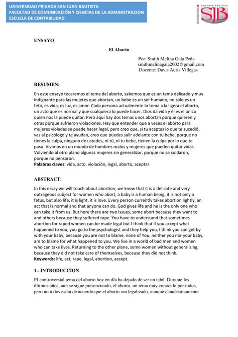 Ejemplo De Ensayo Corto Sobre El Aborto Ejemplo Sencillo Images And