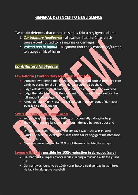 OCR ALEVEL LAW GENERAL DEFENCES TO NEGLIGENCE A A NOTES Teaching