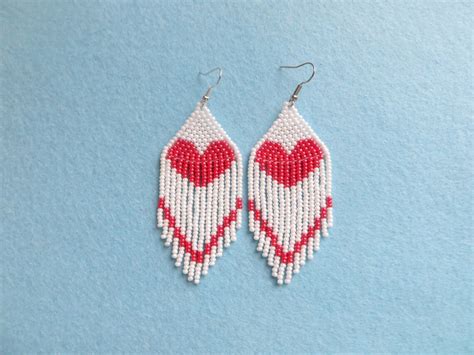 Fringe Heart Beaded White Earrings Large Love Heart Earrings Etsy