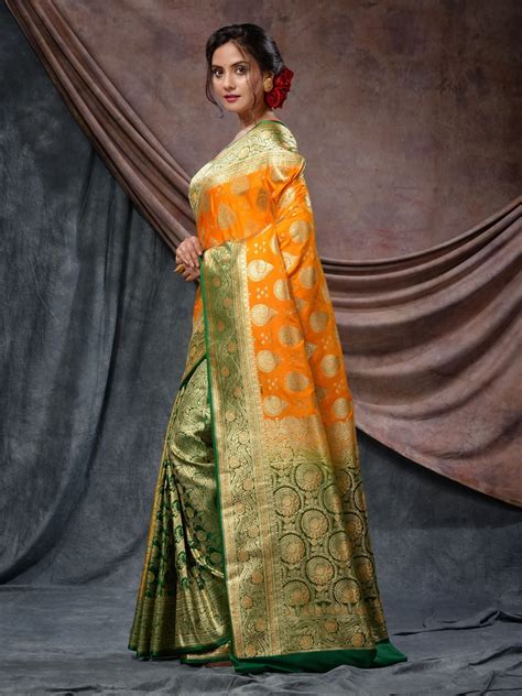 Yellow And Green Katan Silk Handwoven Saree With Damask Motifs And Nak