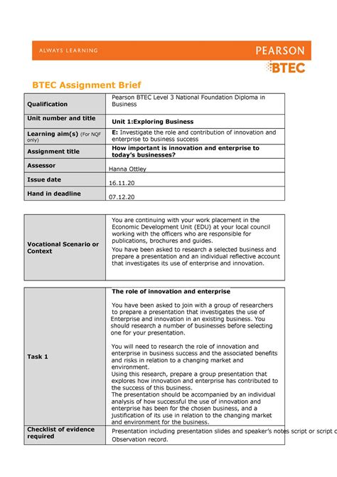 Assignment E And B Unit 5 Btec Assignment Brief Qualification Pearson