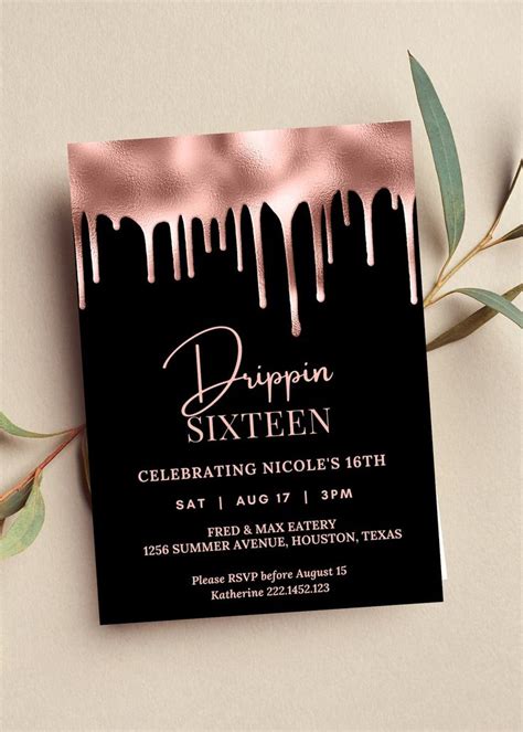 Editable Drippin Birthday Invitation Rose Gold And Black Invitation