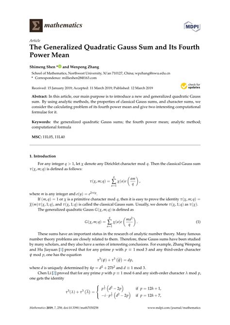 Pdf The Generalized Quadratic Gauss Sum And Its Fourth Power Mean