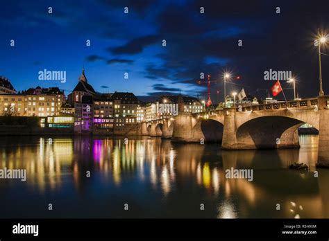 Middle bridge over the river Rhine in Basel, Switzerland, illuminated at night Stock Photo - Alamy