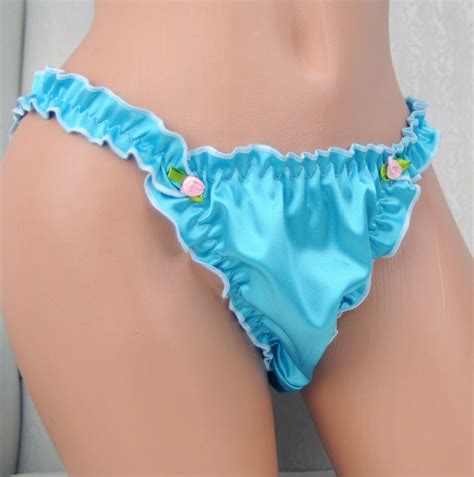 Turquoise Sissy Ruffled Mens Satin Scrunch But Shiny Bikini Panties S M