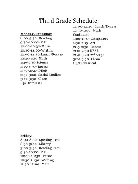 Third Grade Schedule:: Monday-Thursday | PDF