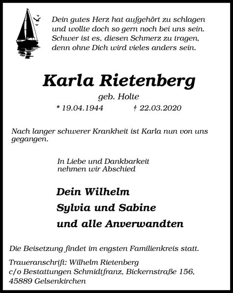 Traueranzeigen Von Karla Rietenberg Trauer In Nrw De