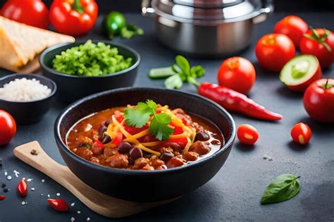 Premium AI Image | a bowl of chili with beans and beans on a table.