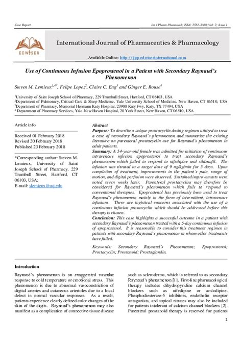 (PDF) Use of Continuous Infusion Epoprostenol in a Patient with Secondary Raynaud's Phenomenon