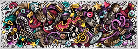 Music hand drawn cartoon doodles illustration Colorful vector banner ...