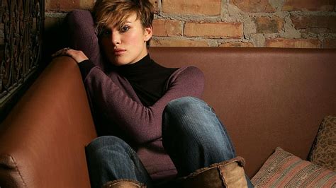 HD Wallpaper Keira Knightley Brunette Brown Eyes Jeans Sweater Short