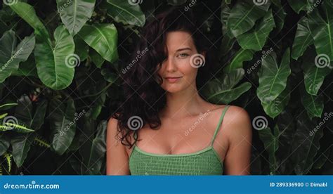 Beauty Tropical Portrait Of Bikini Woman Among Exotic Jungle Foliage