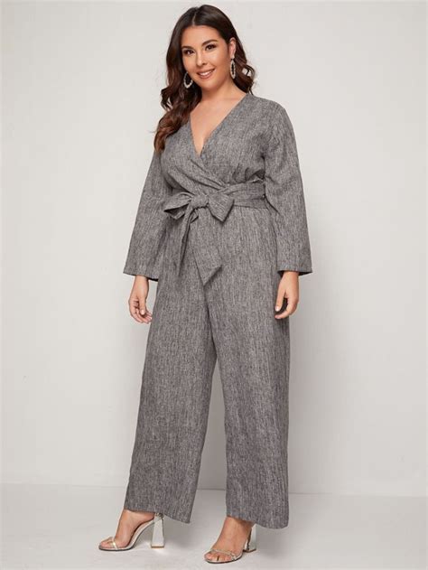 Shein Plus Surplice Neck Self Belted Wide Leg Linen Look Jumpsuit