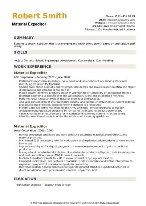 Material Expeditor Resume Samples Qwikresume